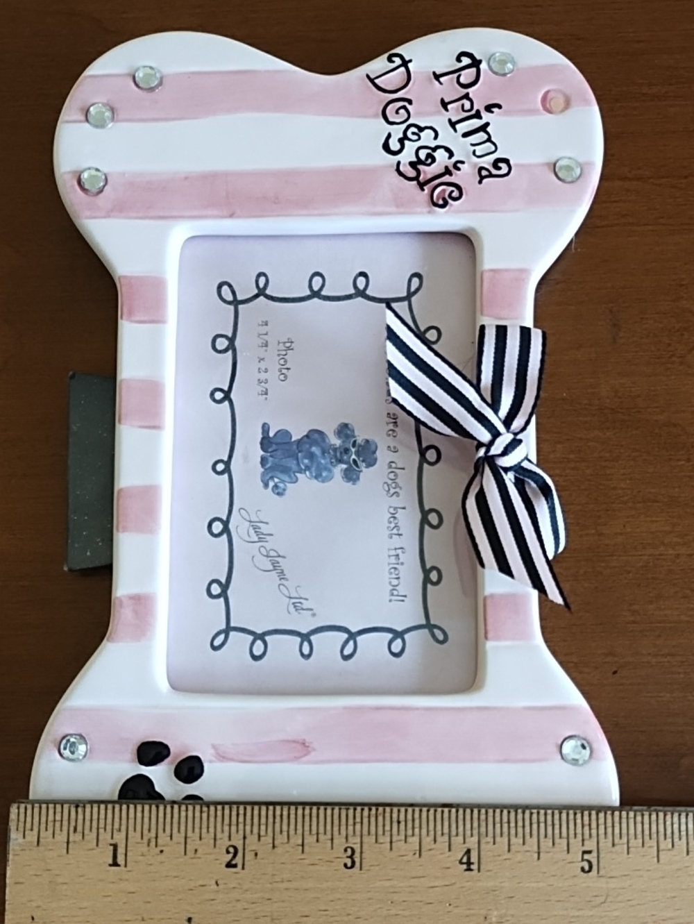 Lady Jayne Ltd Ceramic Dog Bone Picture Frame Pink Striped 3" x 4.75" Picture - Picture 3 of 6